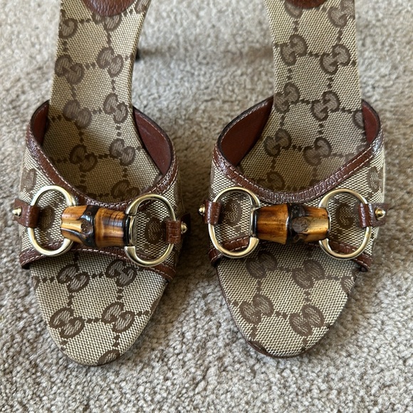 Authentic Gucci Beige/Brown Monogram Women's Kitten Heels size 6 1/2 B. LIKE NEW - Picture 6 of 10
